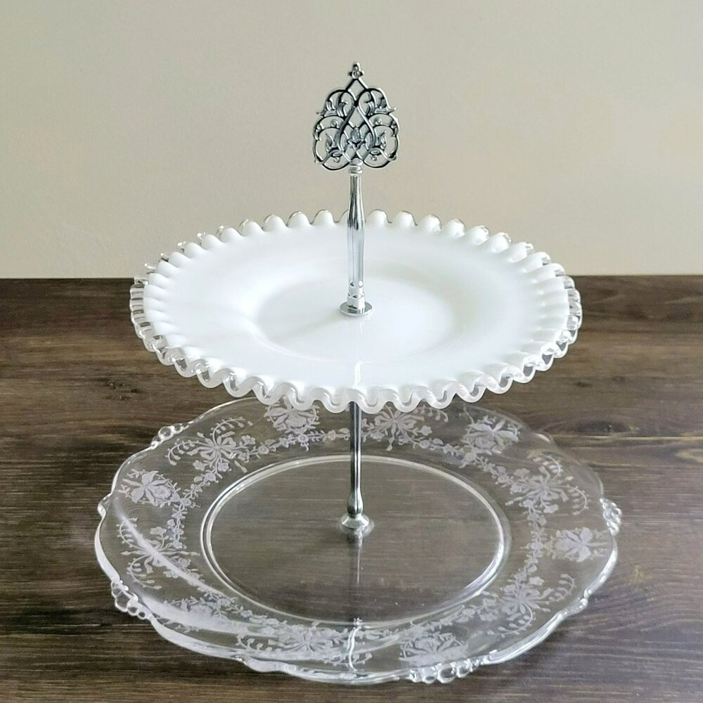 Mismatched Vintage 2-Tiered Glass Dessert Stand Fenton Silver Crest & Heisey